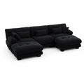 Czarna modułowa sofa narożna z szezlongiem i poduszkami